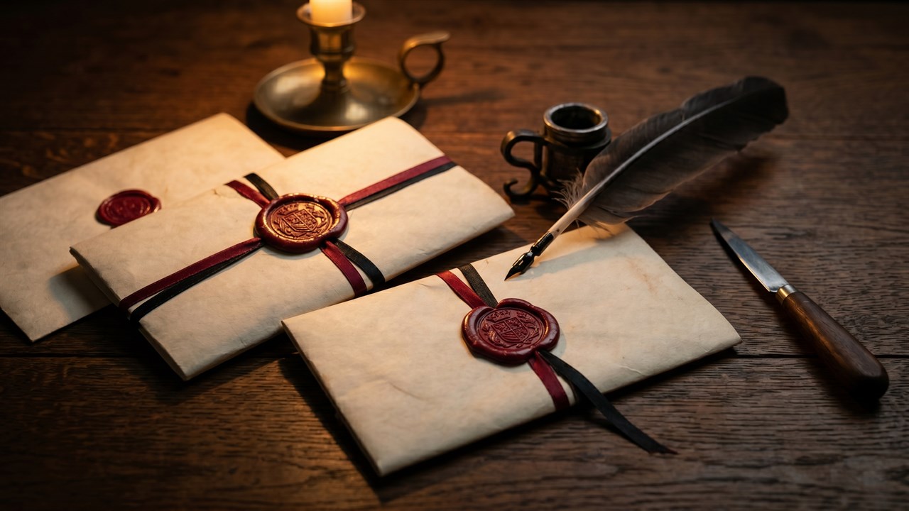 Lettres scellées à la cire et plume d’écriture, évoquant un dossier historique en préparation