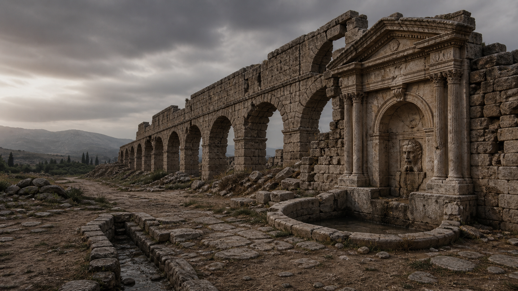 Évocation d'un aqueduc romain abandonné et d'une fontaine tarie