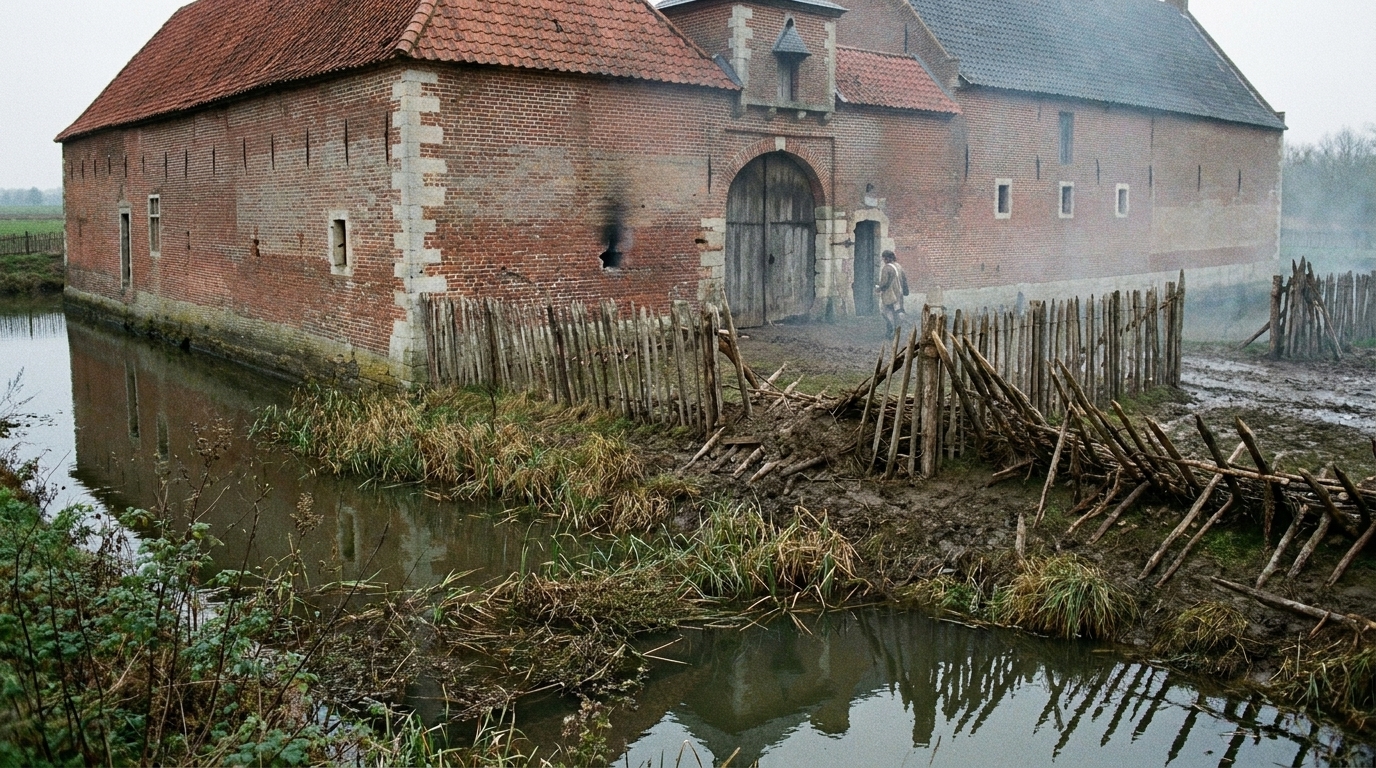 Ferme de brique entourée d'un fossé en eau et d'un redan de palissades de bois